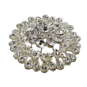 Large Clear Rhinestone Brooch Tiered Silver Tone Round 3D Flower Pin Teardrop